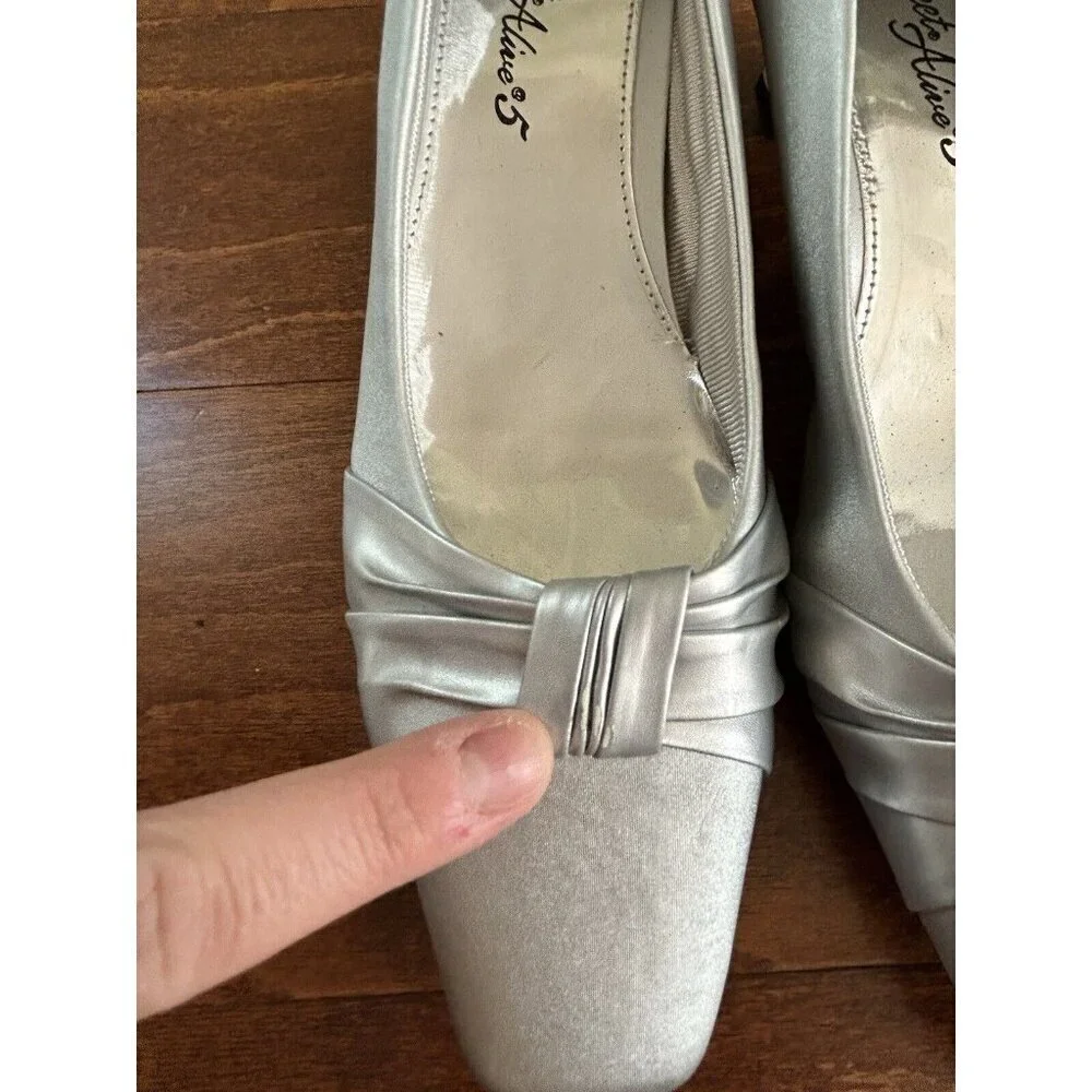 Easy Street Silver Satin Low Flare Heel Dress Pump with Bow